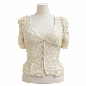 NWT Urban Outfitters Cream Smocked Button-Front Puff Sleeve Blouse Top |Size Sm